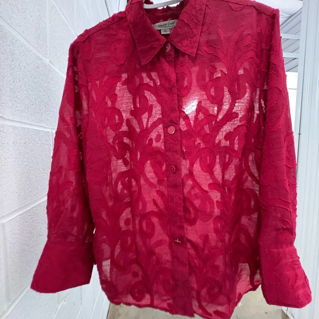 Coldwater Creek Elegant Red Top With Mesh Cut Out Design and Big Cuff Sleeves - Image 10