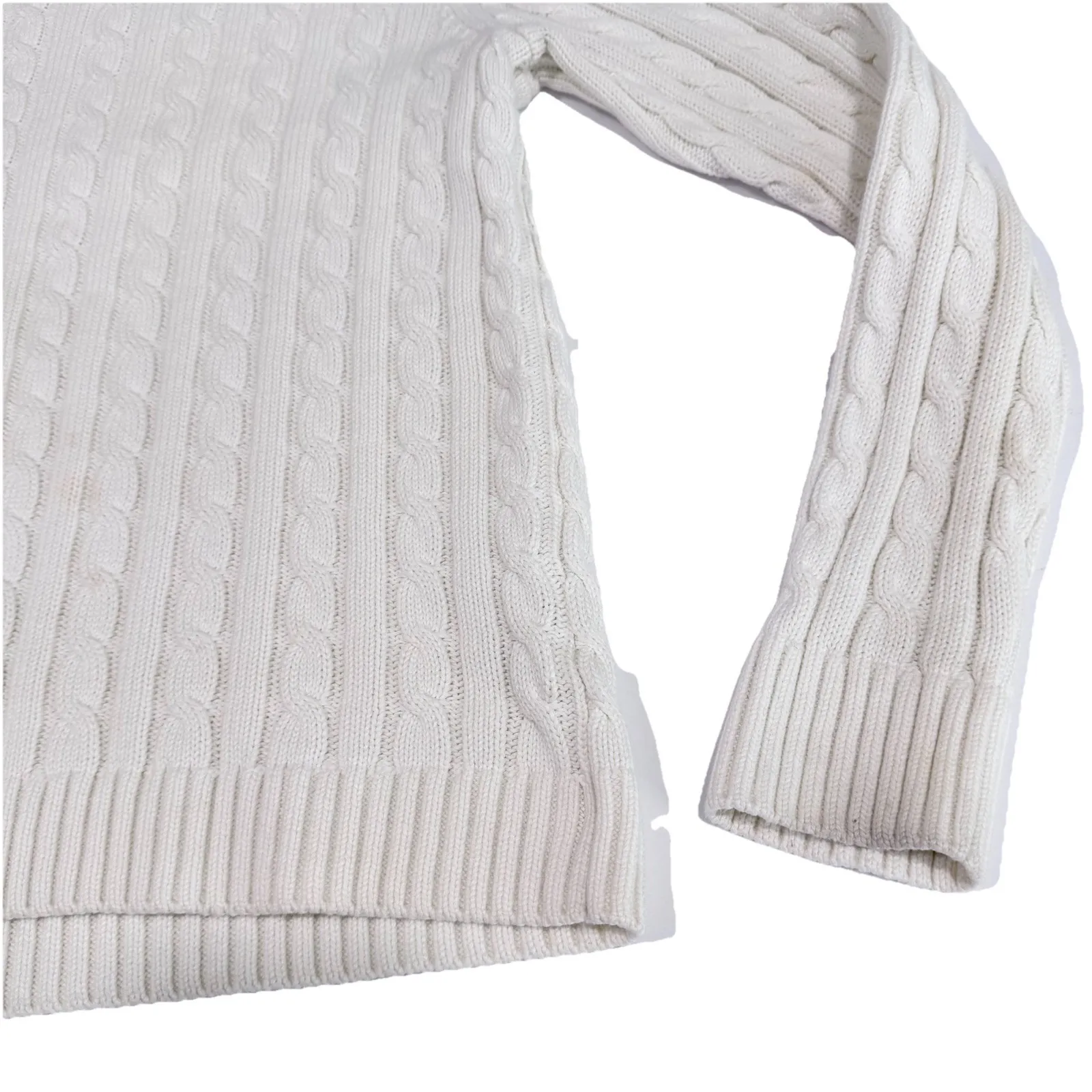 LL Bean Ivory Pullover Cable Crew Neck Long Sleeve Cotton Sweater Size MEDIUM - Image 6