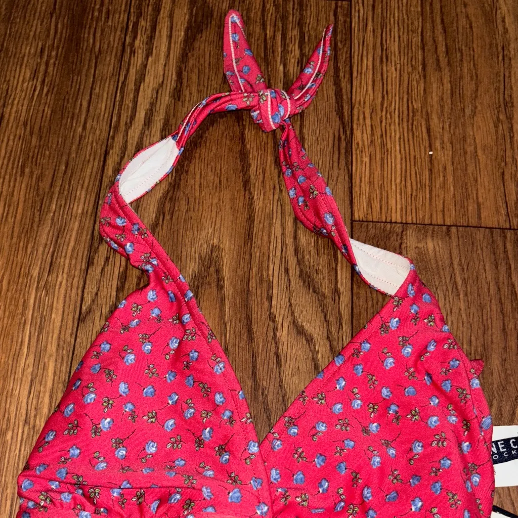 Anne Cole Red Floral Bikini Triangle Halter swim Top - Image 3
