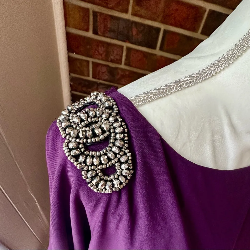 Xscape Purple Midi Dress Peak-a-boo Sleeves Pleated Skirt Beaded Accents Vtg - Image 3