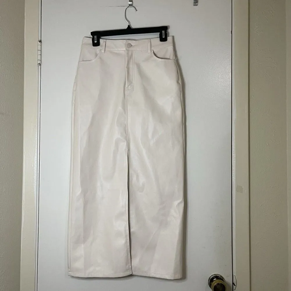 Haute Monde Ivory faux leather maxi high slit skirt size small - Image 2