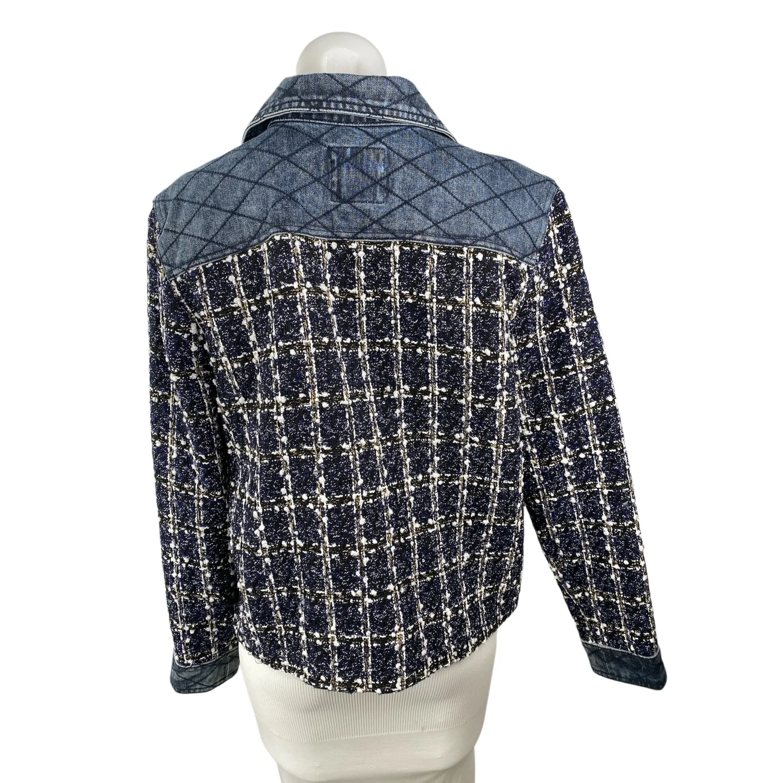 NEW FDJ Isla Indigo Denim Tweed Mixed Media Plaid Cardigan Blazer Coat Jacket M Blue Size M - Image 2