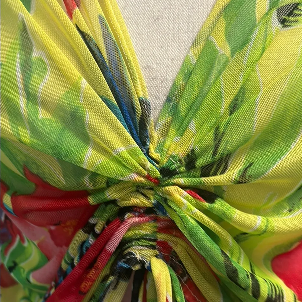 Cha Cha Vente Green and Pink Ruched Tie Front Blouse Size M - Image 10