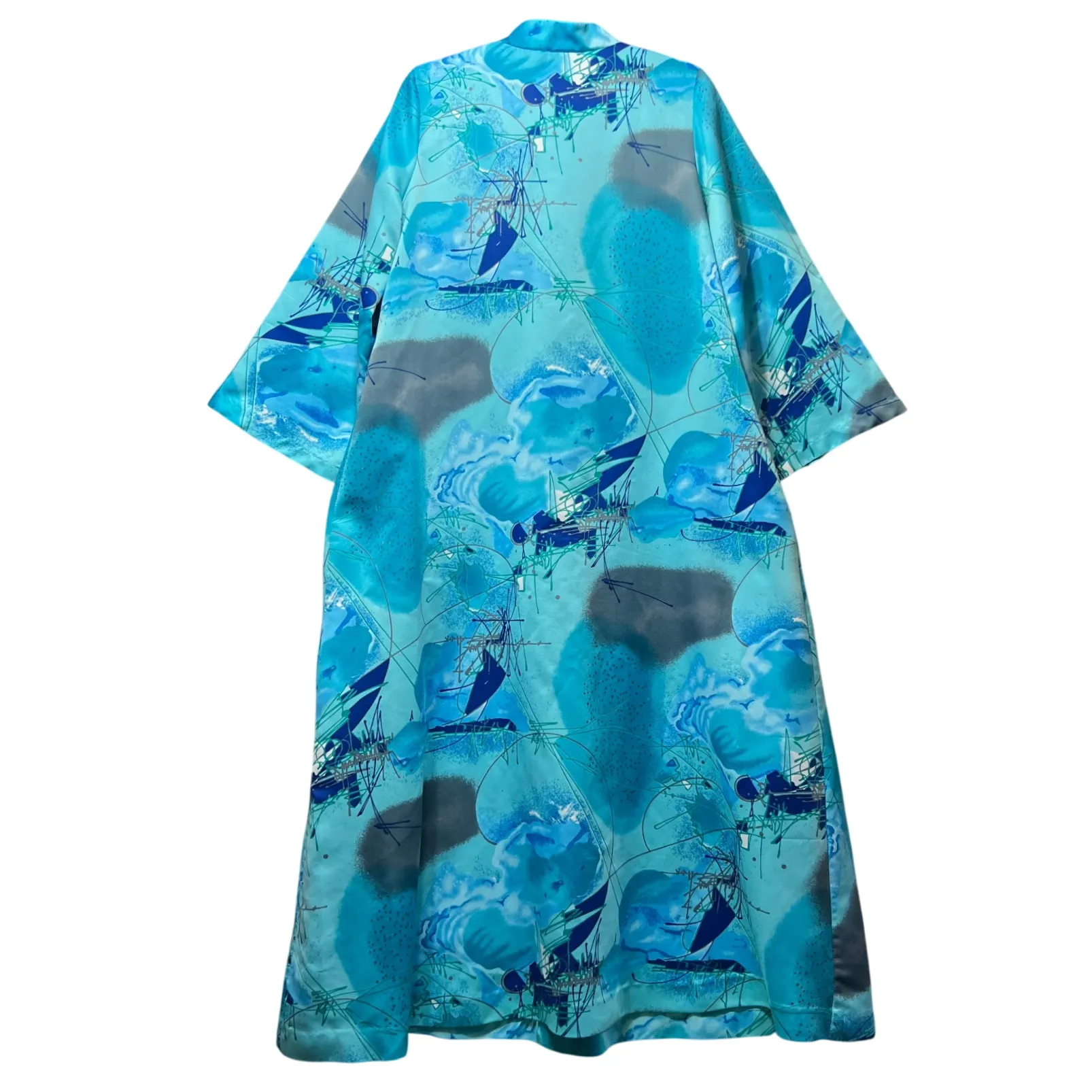 Vintage 60s Montgomery Ward Mid Century Mod Atomic Print Robe House Coat‎ Dress Blue Size M - Image 7