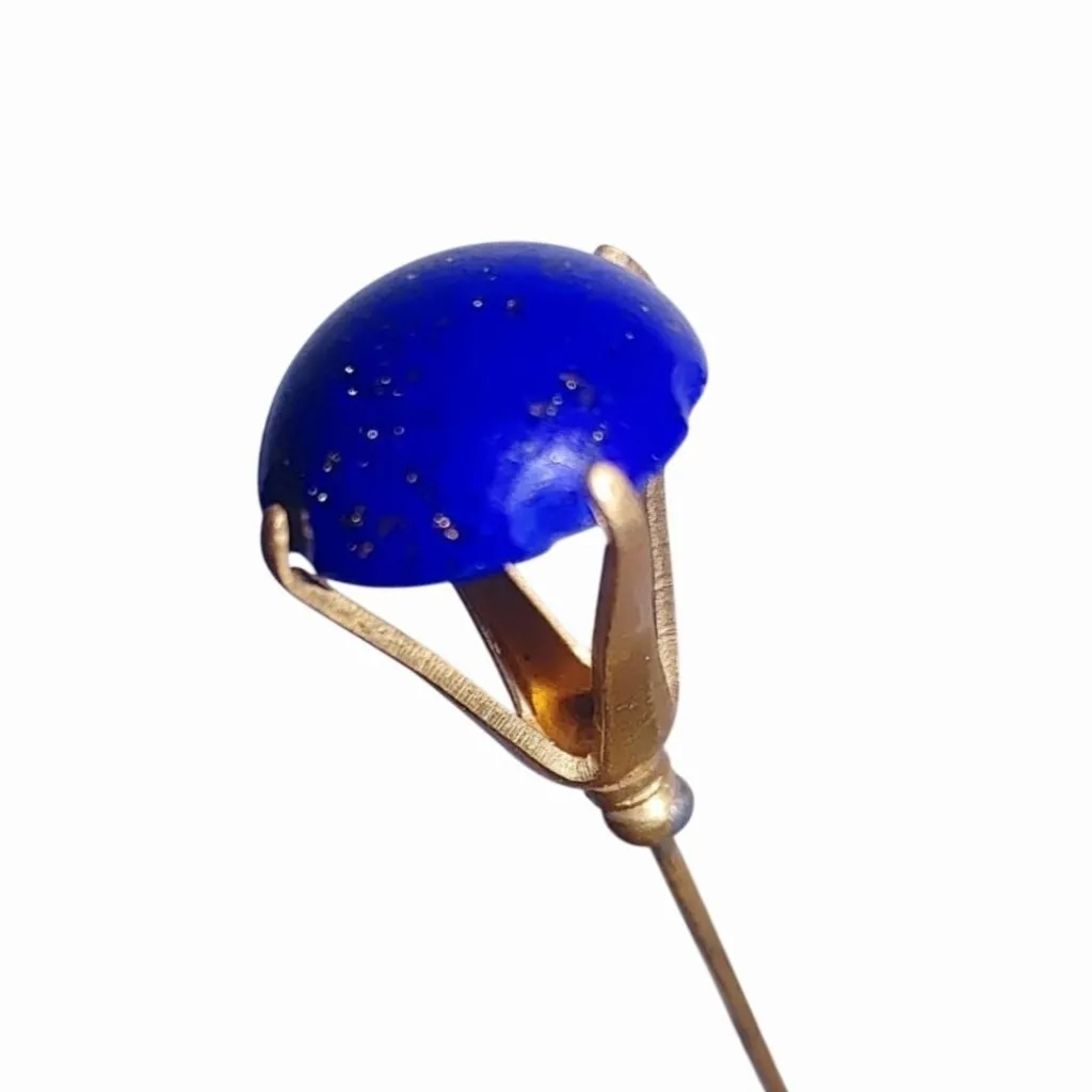 Long Hat Dress Pin Vintage Brass Blue Lapis Glass Bead Gold Tone Straight Dome - Image 2