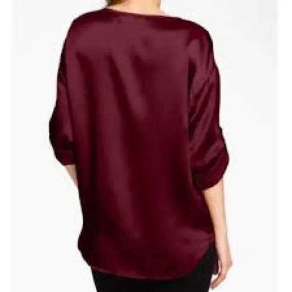 EILEEN FISHER Silk Satin Dark Tulip Hammered Ballet Neck Top Blouse XS  $218 - Image 3