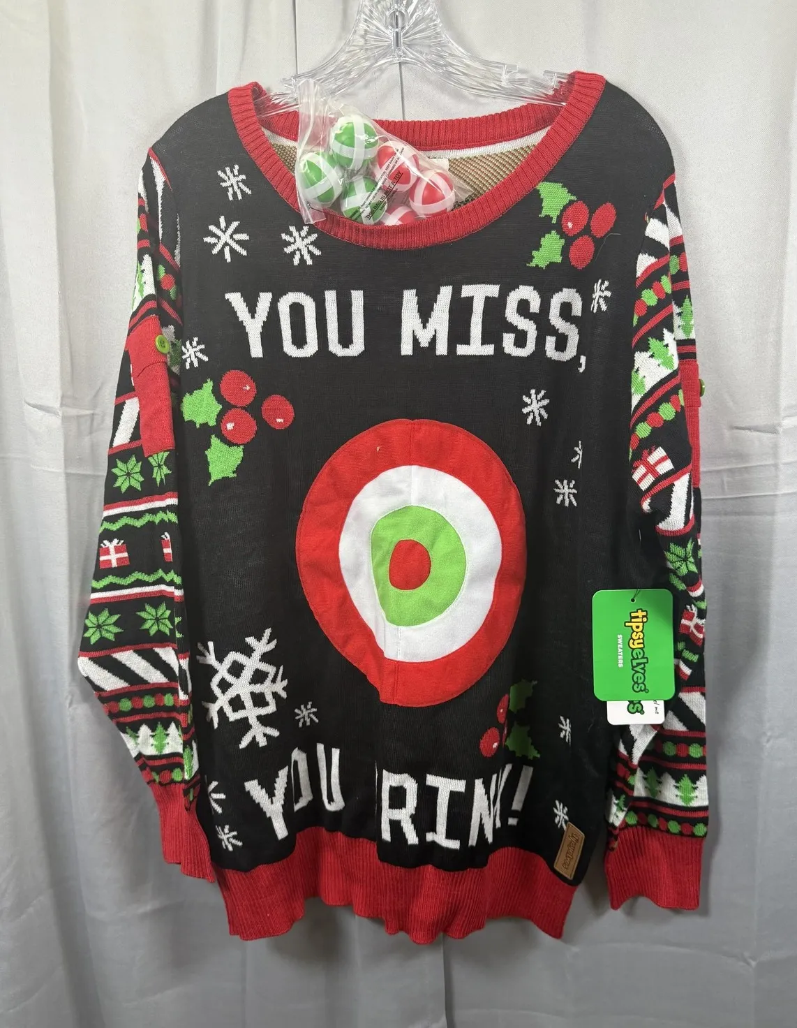 Tipsy Elves Christmas Sweater Women XL Black Red Drinking Game Target Balls - Image 1