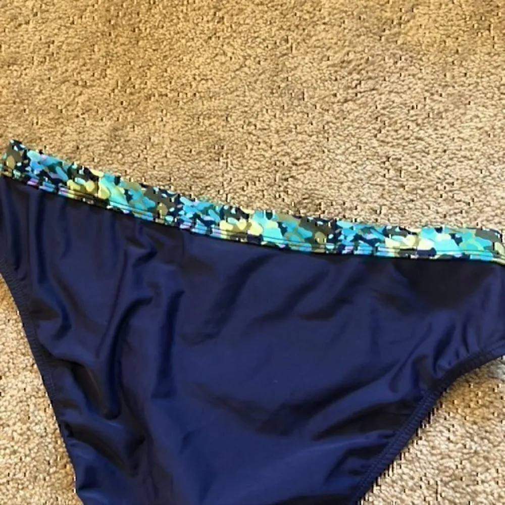 NWOT 24TH OCEAN Navy Blue Green Printed High Waisted Waist Bikini Bottom Large L - Image 8