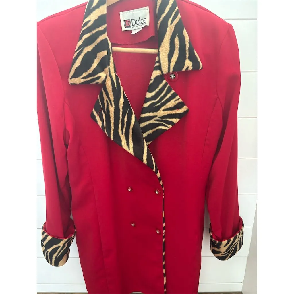 Vintage DOLCE Red Overcoat M Double Breasted Leopard fur Trim Women's Size M - Image 2