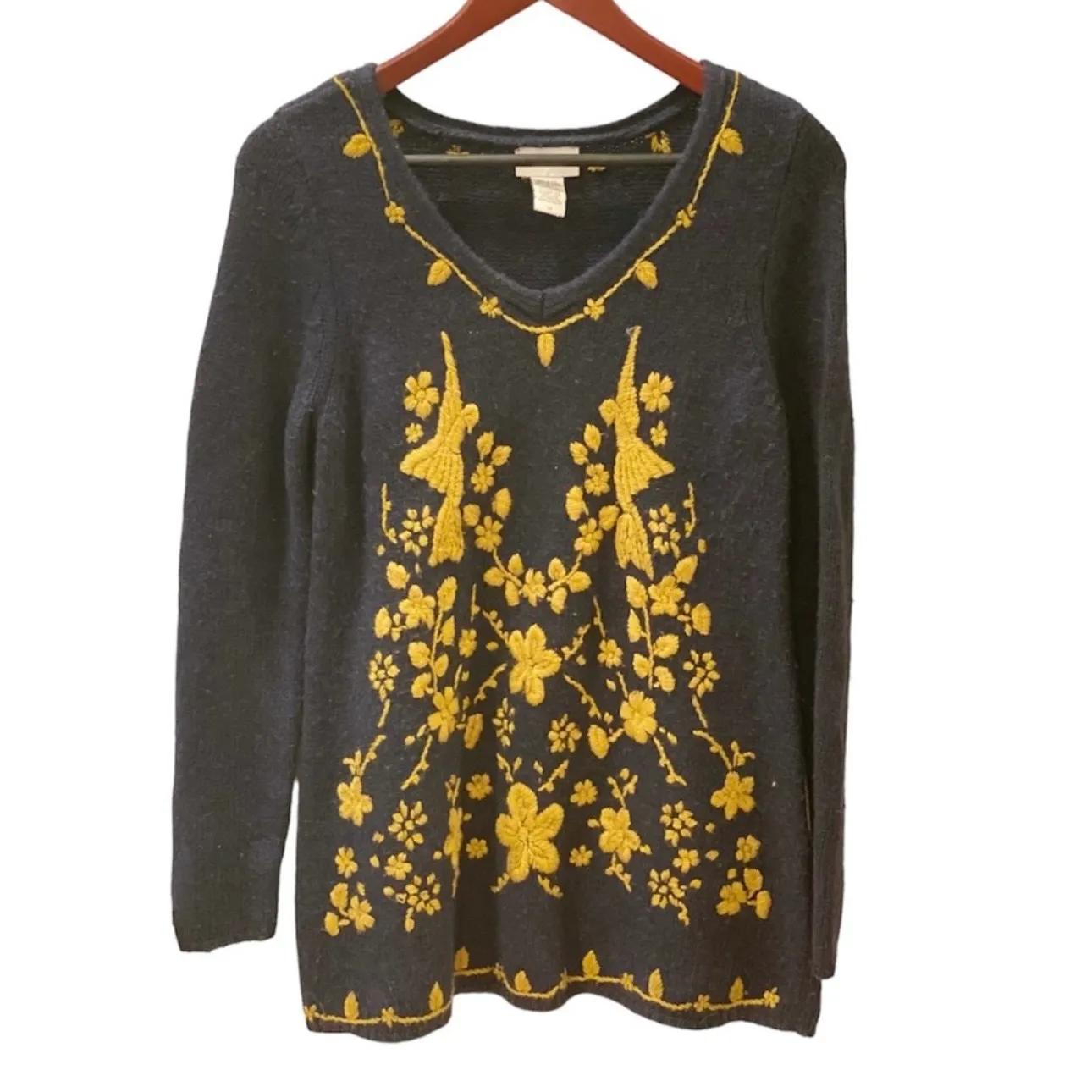 Soft Surroundings Blue Gold Embroidered Bird Floral Sweater V-Neck M - Image 2