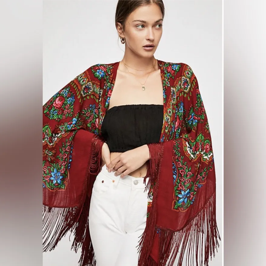Free People Harvest Moon Butterfly‎ Floral Kimono Fringed Boho Folk Art One Size - Image 11