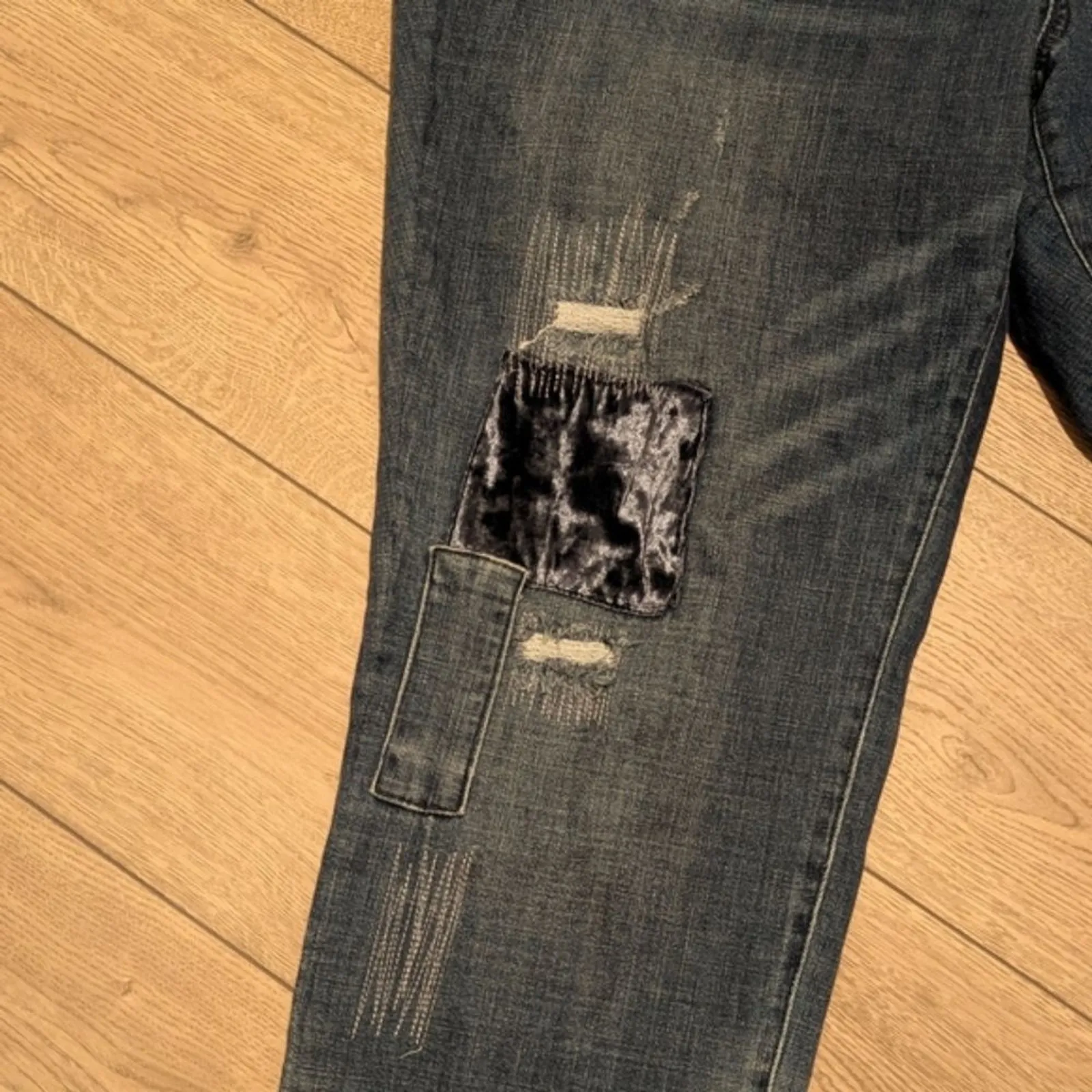 INC Denim Plus 22W 22 3X Boyfriend Jeans Slim Tech Fit Patchwork Hippie Boho Blue - Image 2