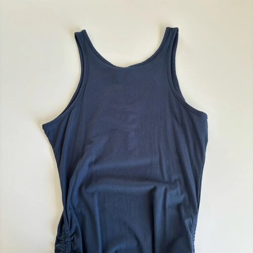 Boutique Women’s Navy Blue Ribbed Ruched Self Tie Sides Tank Dress Size Medium - Image 8