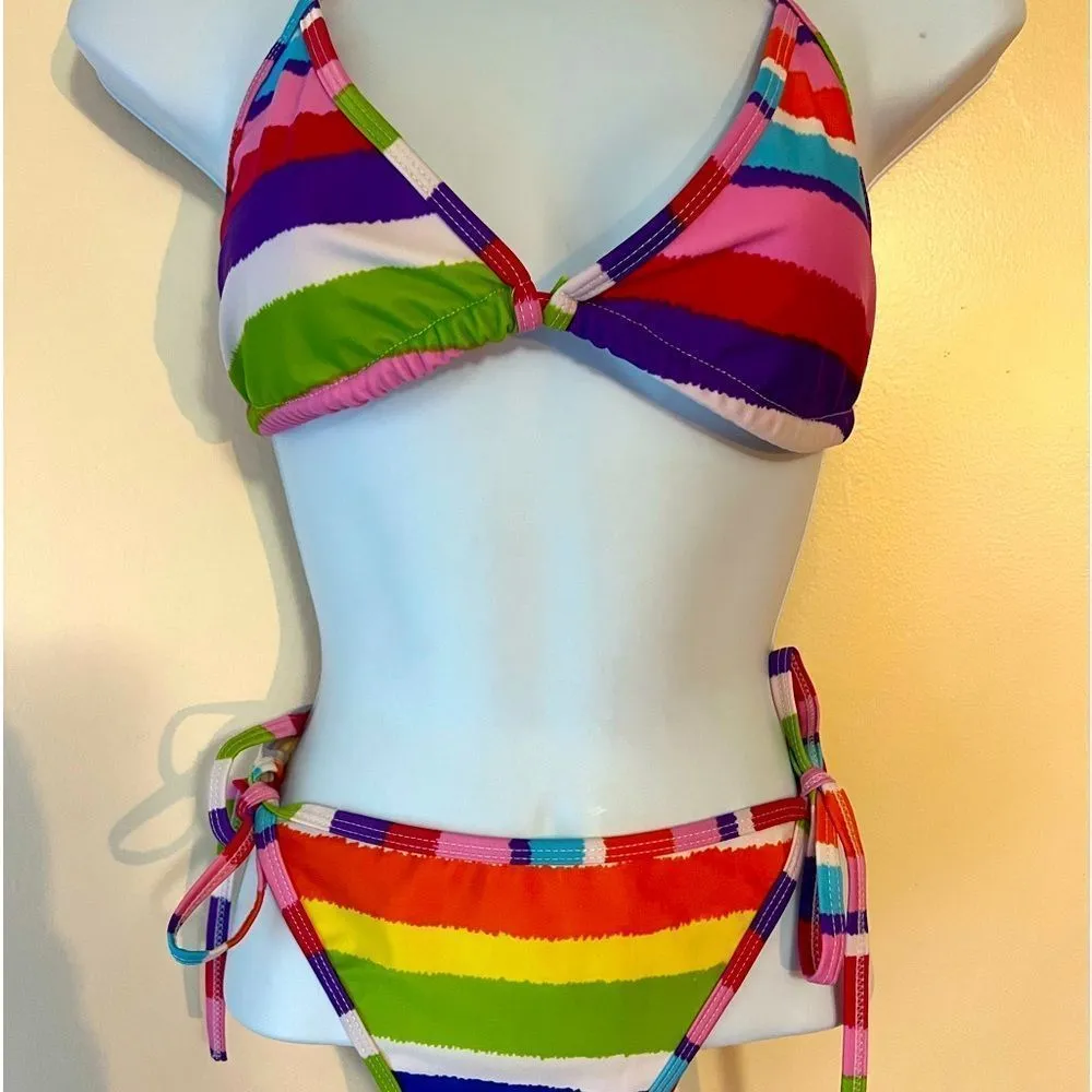 Rainbow Stripes String Bikini Sz OS Red - Image 2