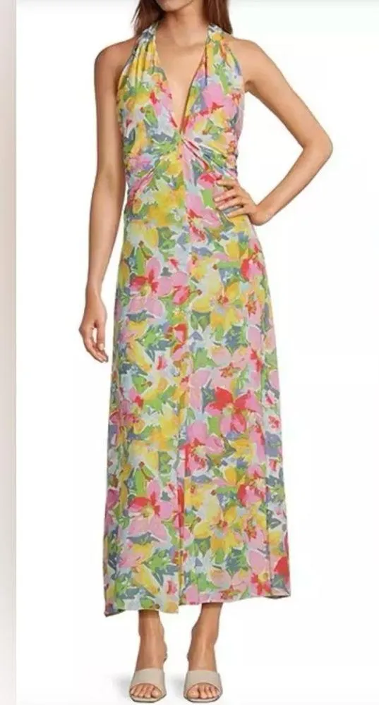 Lucy Paris Michaela Halter or V-Neck Dress Pink Yellow Blue Floral Size Small - Image 3