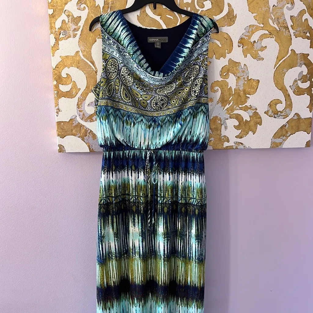 Donna Ricco New York Size 14 Blue and Green Tie Dye Paisley Maxi Cowl Neck Dress - Image 9