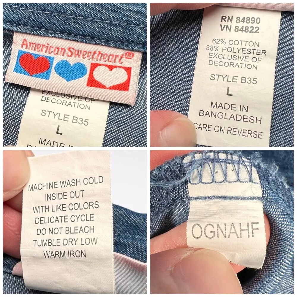 Vintage Y2K American Sweetheart Embroidered Denim Shirt Blue Button Up Western L Size L - Image 3