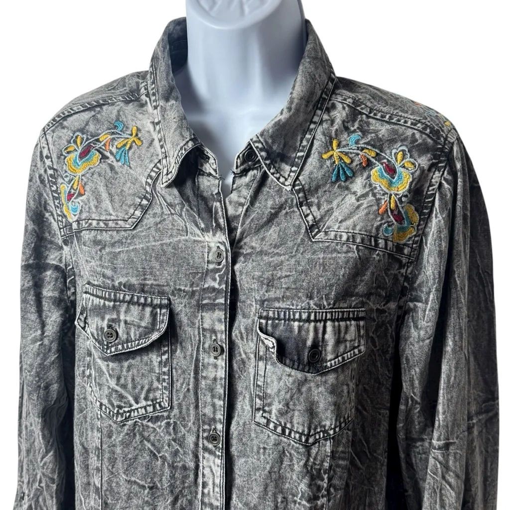 Nostalgia Black Denim Tunic with Colorful Floral Embroidery Peasant Bohemian S Gray - Image 5