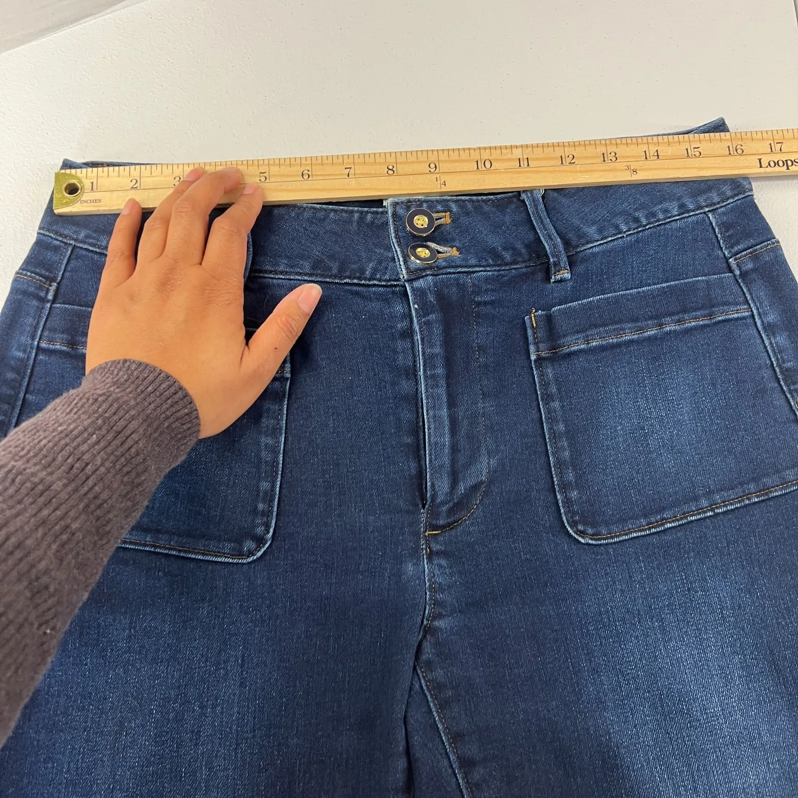 Spartina 449 Kick Flare Jeans Womens 8 Blue Denim Frayed Hem Patch Pockets - Image 9