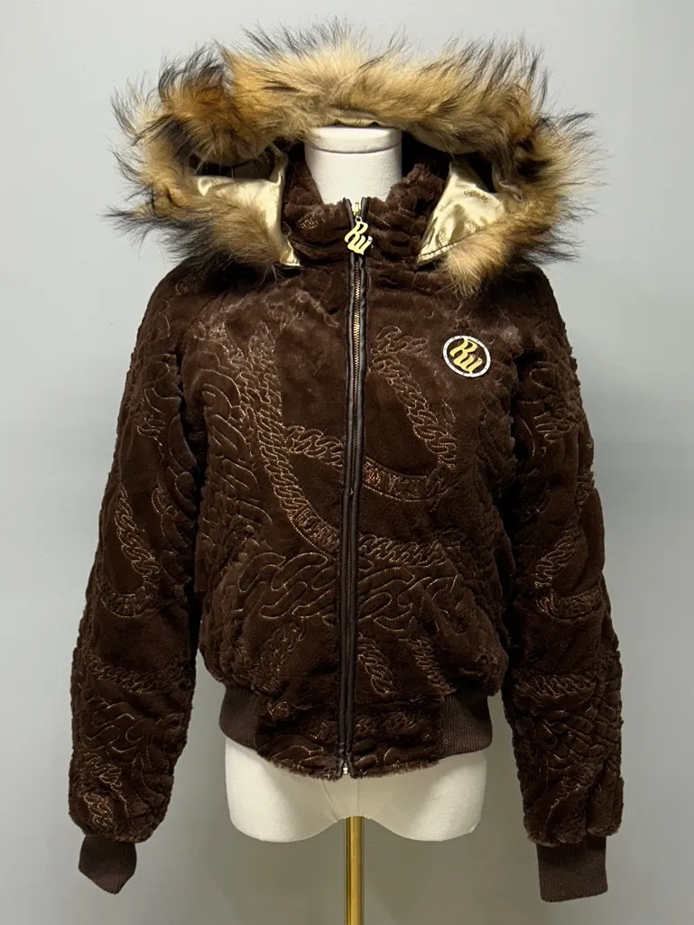 Rocawear Y2K Brown Puffer Jacket Down Fill Fur Hood 2000s Streetwear Size Small - Image 1