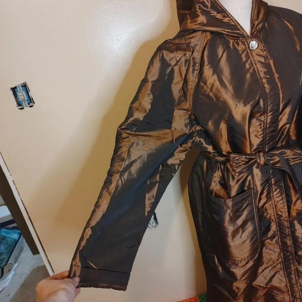 Newsport News Size 12 Bronze Shiny Long Acetate Nylon Coat Button Vintage Brown - Image 12