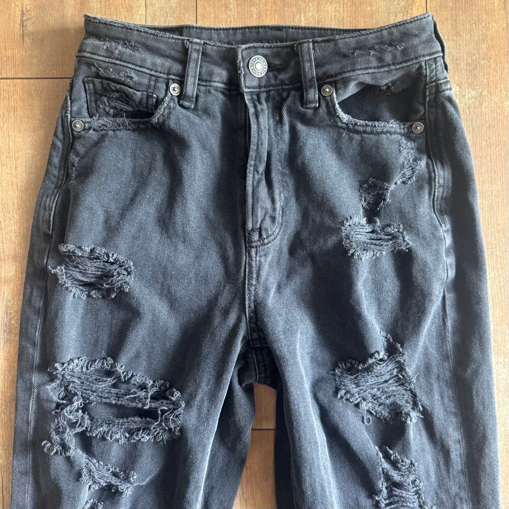 American Eagle Mom Jean Black Ripped Distressed Comfort Stretch Waistband Sz 00 - Image 5