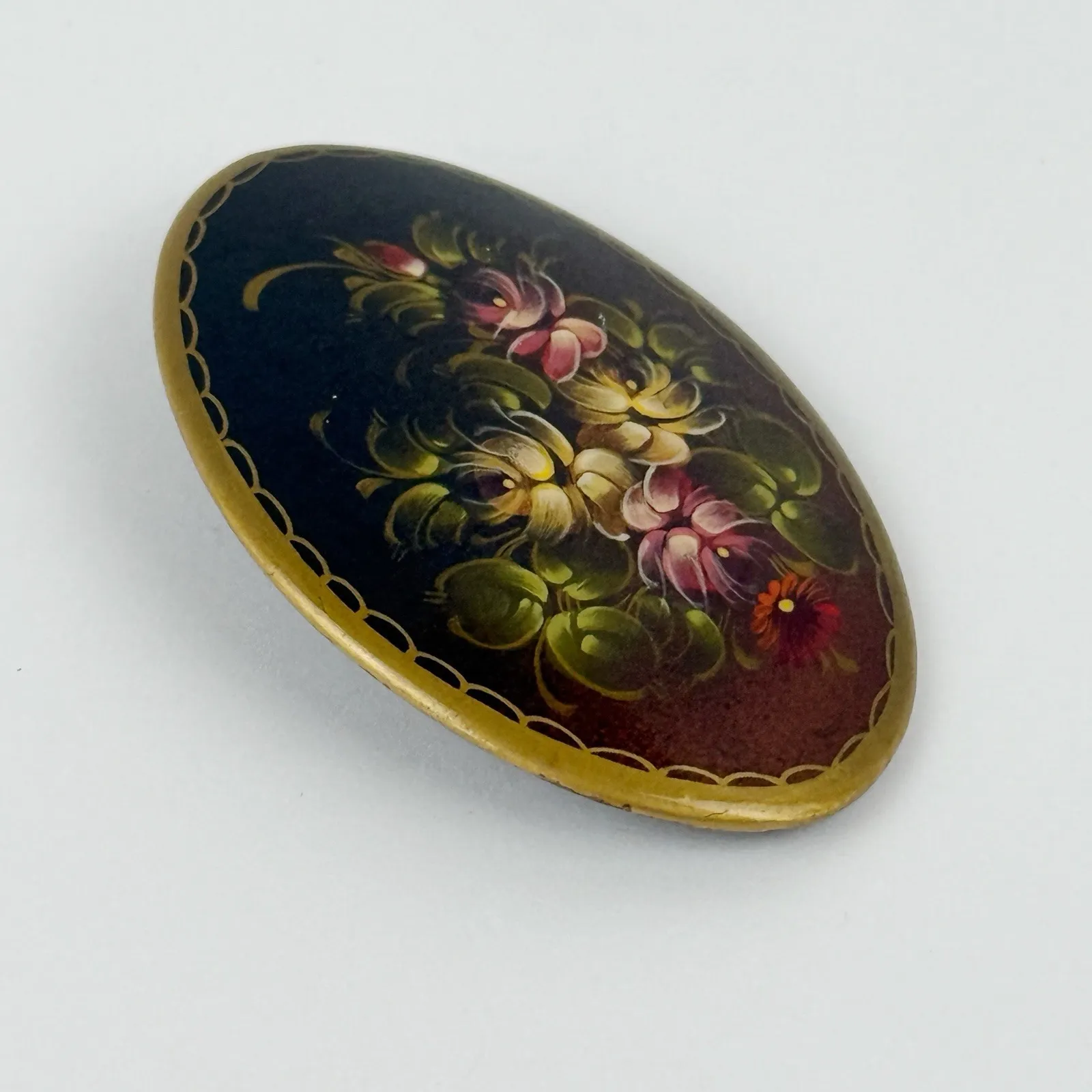 Hand Painted Floral Oval Brooch Vintage Signed 1961 Artisan Wooden Pin - Image 2