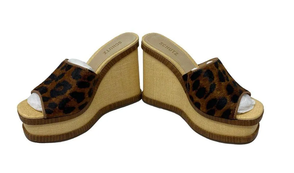 Schutz Dalle Platform Wedge Sandals 9 Wild Leopard Print Open Toe Slip On Casual - Image 5