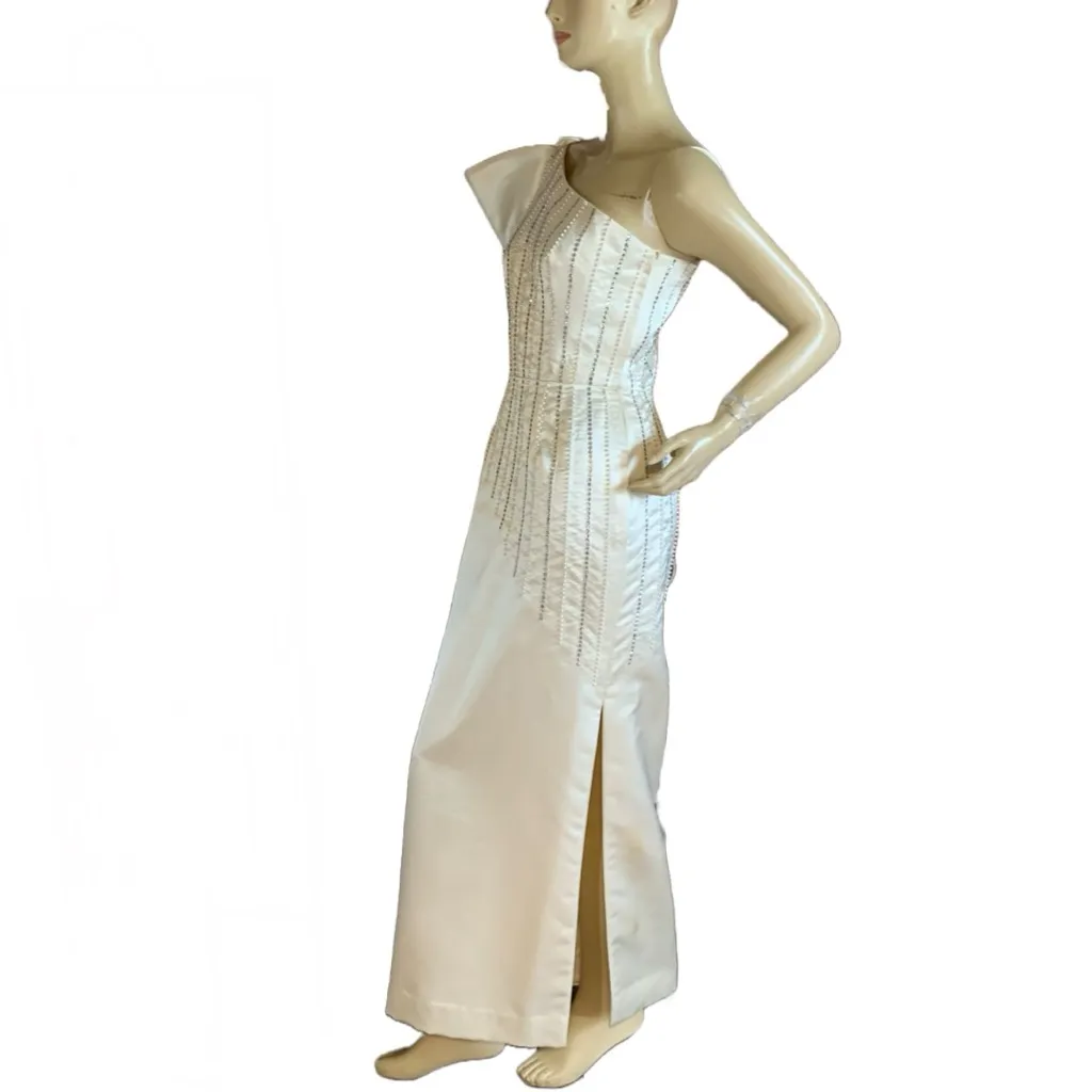 VINTAGE 1980'S HAND CRAFTED CREAM RHINESTONE SATIN SINGLE SHOULDER DRESS (S) White - Image 5