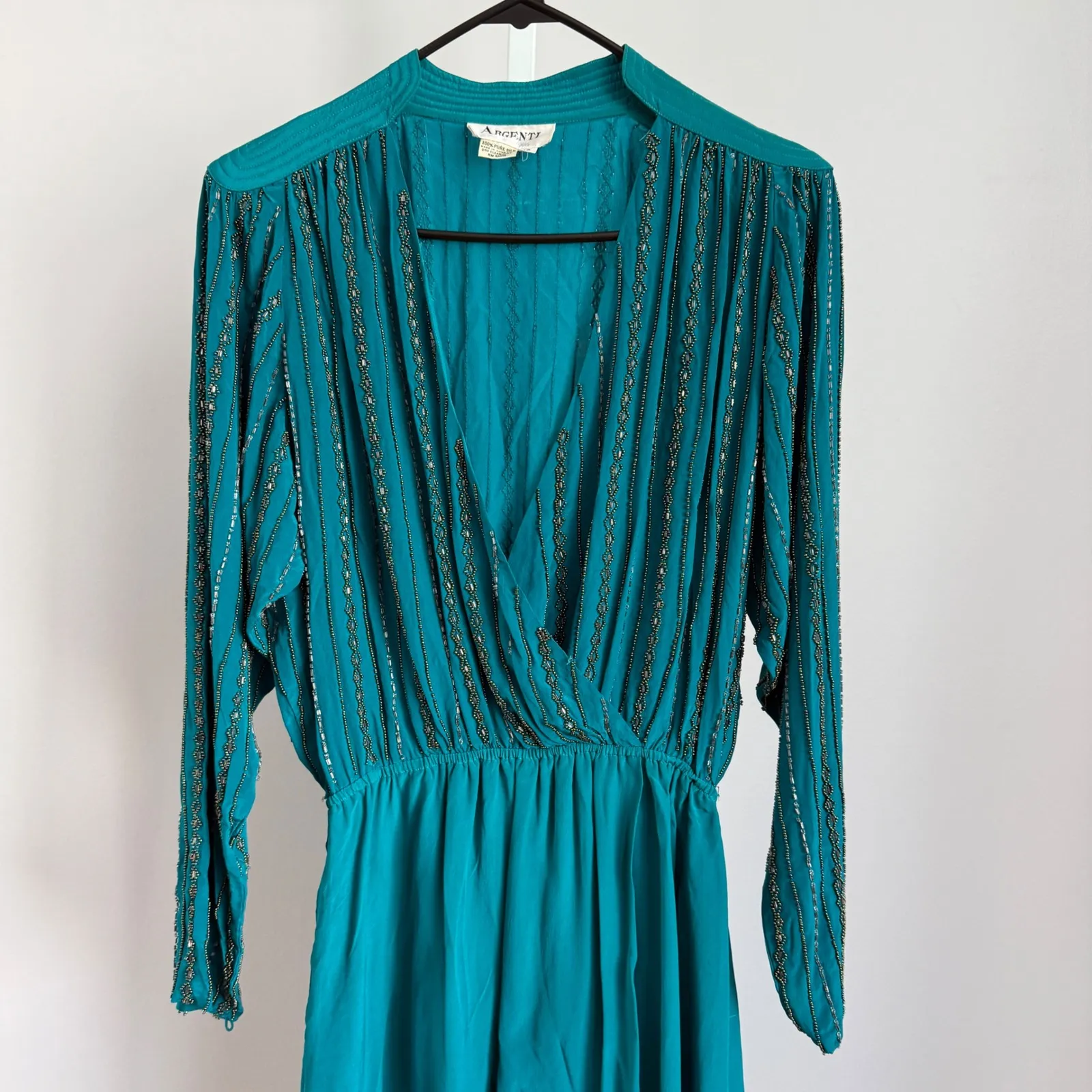 VTG Argenti 100% Silk Beaded Dress Teal Green Long Sleeve sz 10 Mob Wife Luxury - Image 2