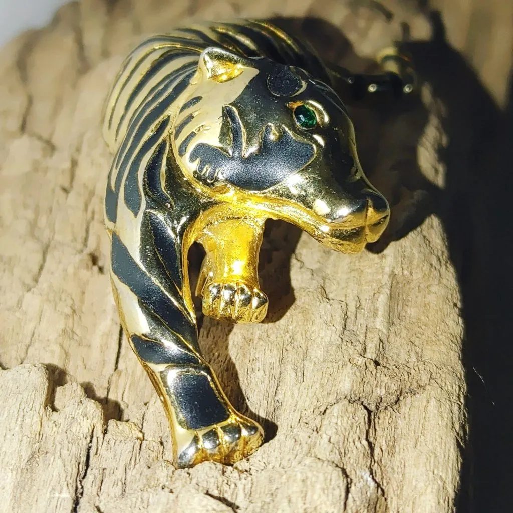 Long Tiger Brooch Black Enamel Stripe Vintage Gold Tone Emerald Green Eye 3 Inch - Image 6