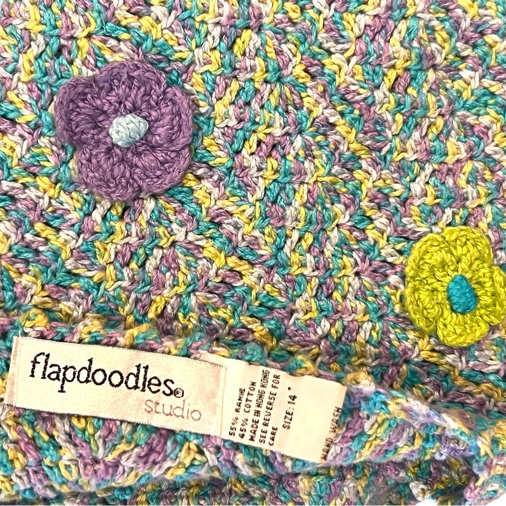 Vintage Y2K Beautiful Flapdoodles All Over 3D Flowers Crochet Sweater Sz 14 Blue - Image 3