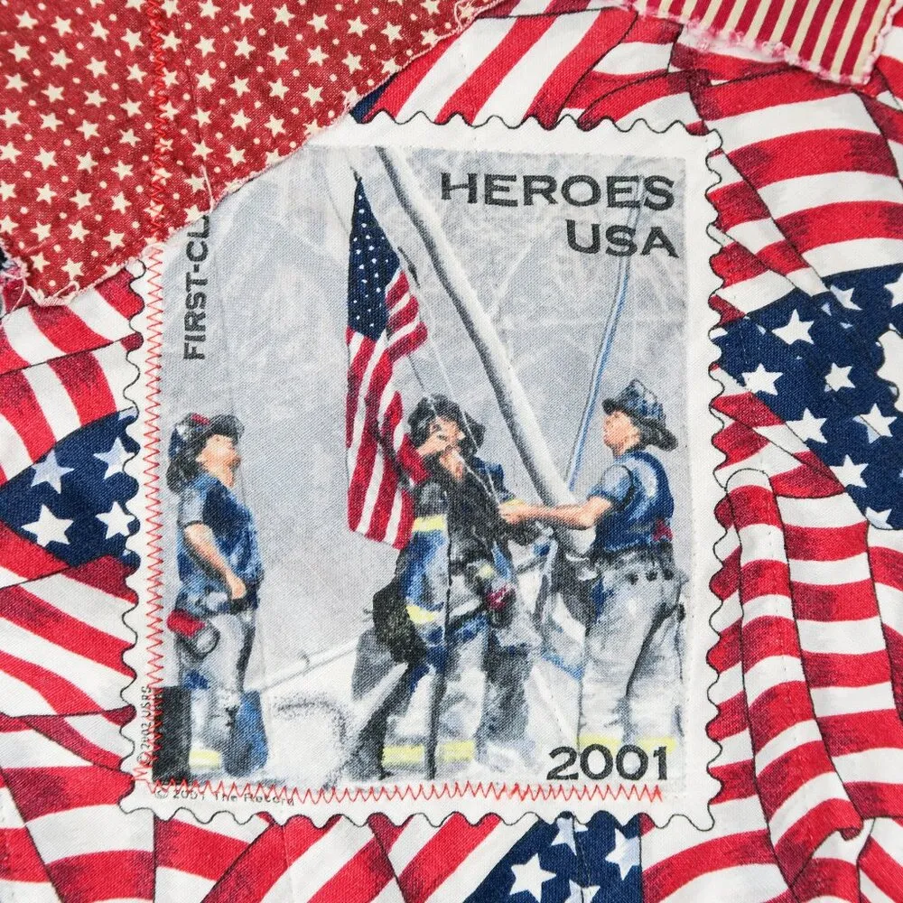 Jerzees Vintage 9/11 Firefighter Patriotic Patchwork Quilted Jacket - Image 7