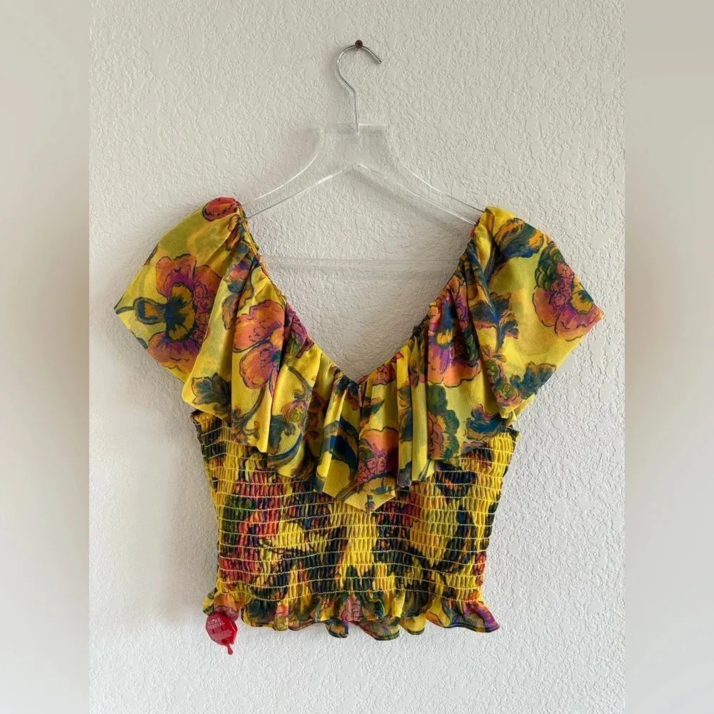 NWT MISA Los Angeles Cara Floral-Print Ruffle Smocked Top in Grand Canary Yellow - Image 5