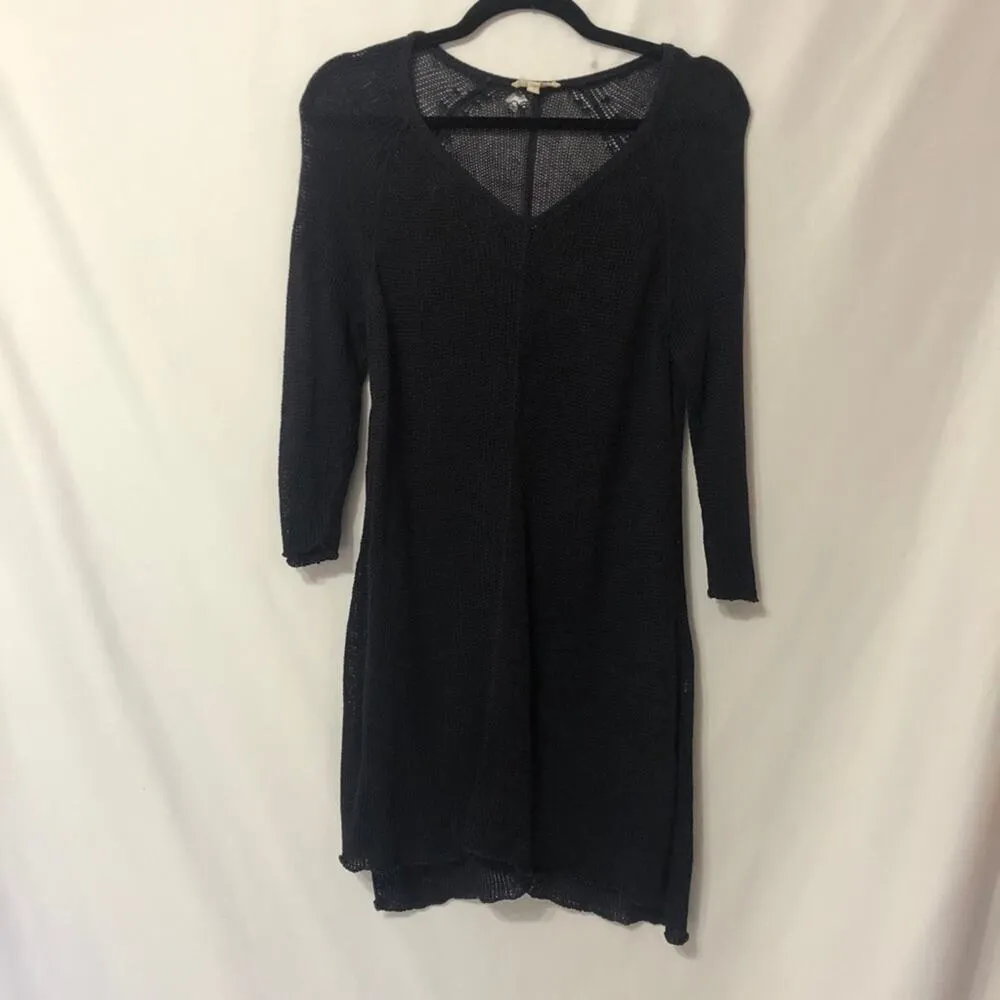 Eileen Fisher Navy Blue Open Knit Linen Dress Womens S Tunic Crochet Long Sleeve - Image 2