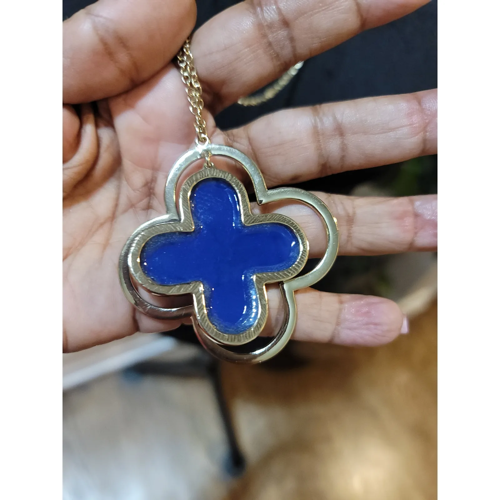 Women's Long Gold Chain Necklace Blue Clover Pendant With Lobster Clasp Lock - Image 6