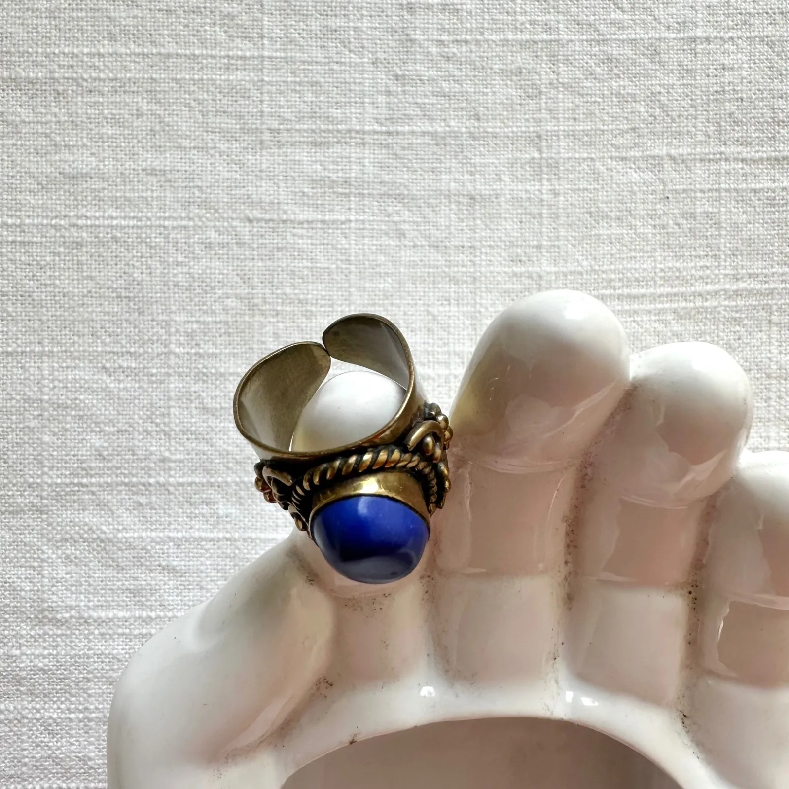 Vanessa Mooney Vintage Brass Ring with Oval Blue Stone Statement Adjustable Size - Image 4
