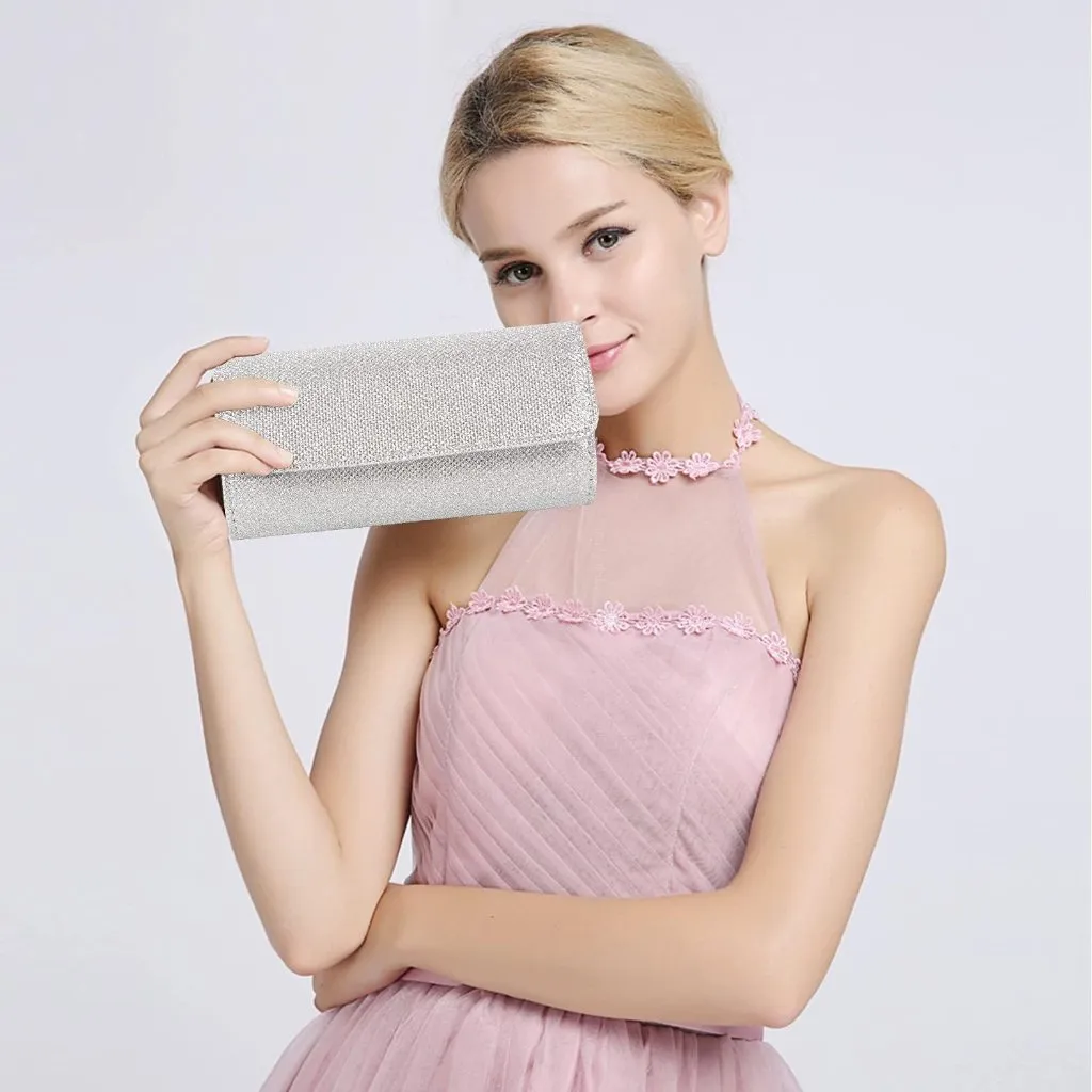 ⚡ Women's Silver Evening Sparkling Button Closure Party Wedding Clutch Handbag - Image 2