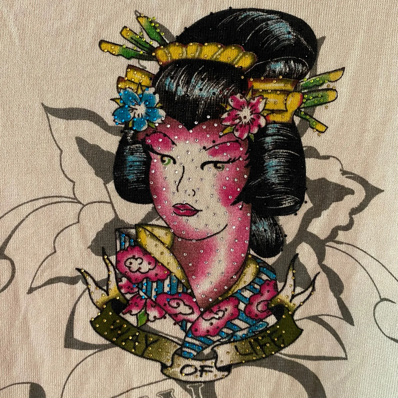 Ed Hardy Cream Zip-Up Sweater Floral Rhinestone Christian Audigier Women's Large - Image 9