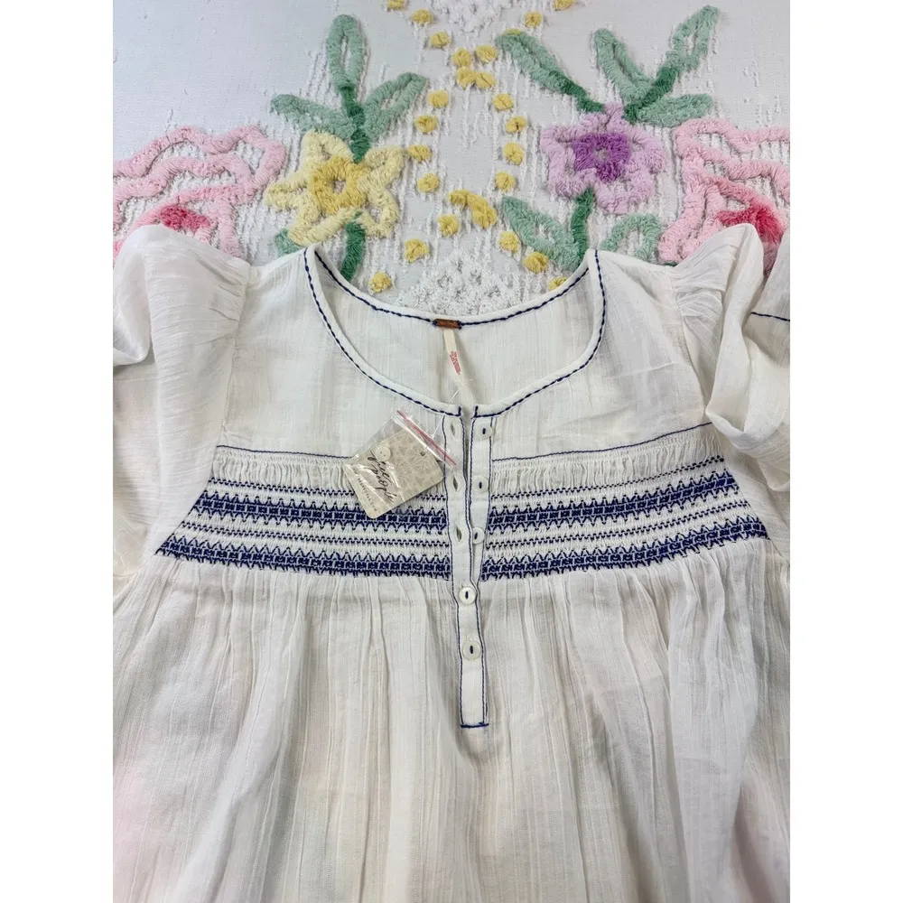 Free People White Embroidered Tunic Top 3/4 Sleeve Bohemian Smocked Cotton S - Image 7