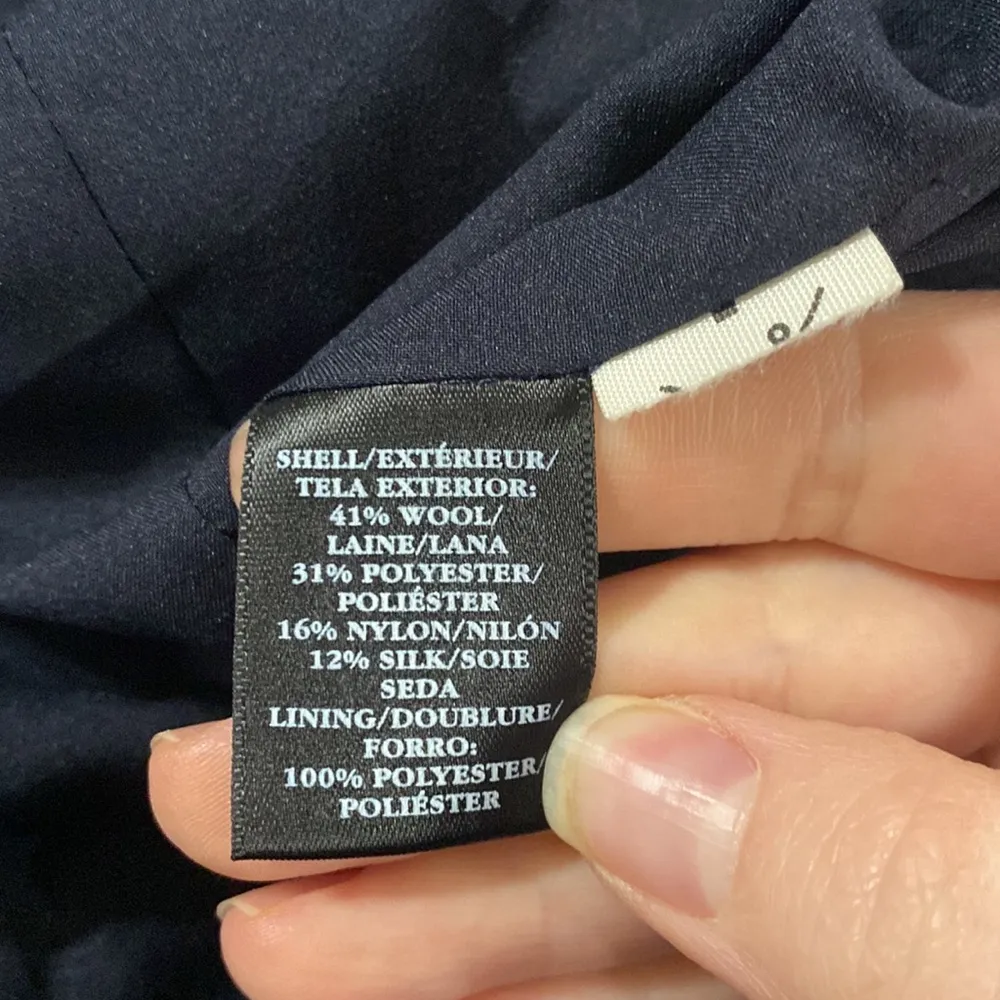 Ann Taylor navy tweed asymmetrical zip wool blend blazer faux leather trim sz 8 - Image 12