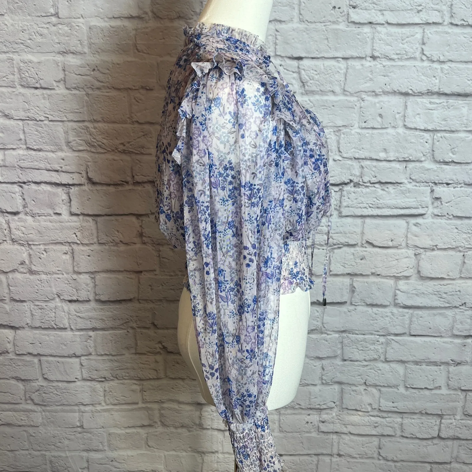 Free People Sheer Floral Mesh Smocked Blouse Women's Small Boho Cottagecore - Image 3