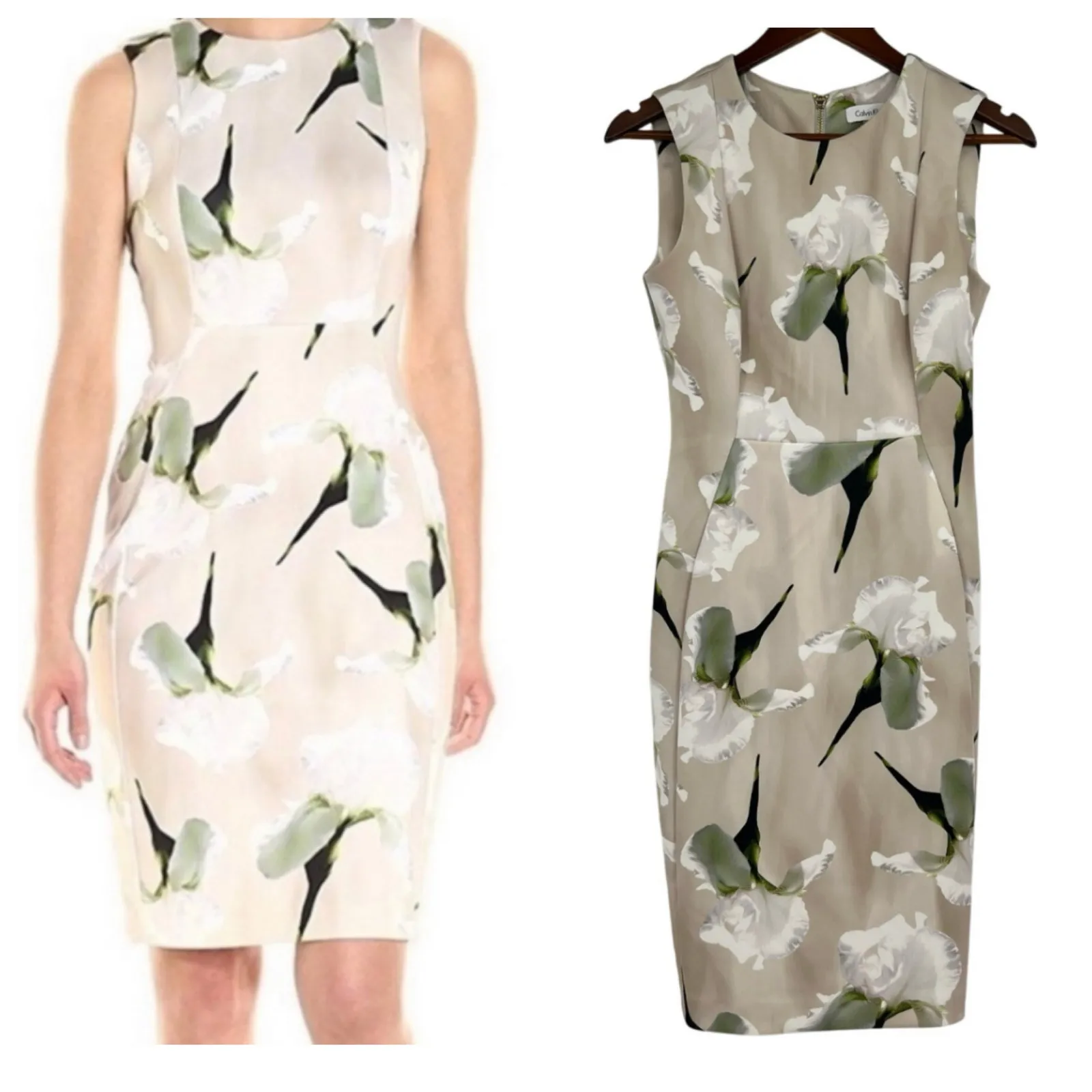 Calvin Klein tan beige taupe Calla Lily Print Scuba Stretch Sheath Dress size 4 - Image 2
