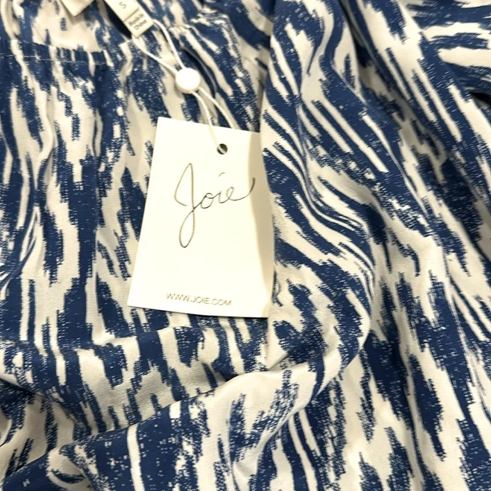 NWT Joie 100% silk amesti b off the shoulder blue white ikat print top blouse - Image 2