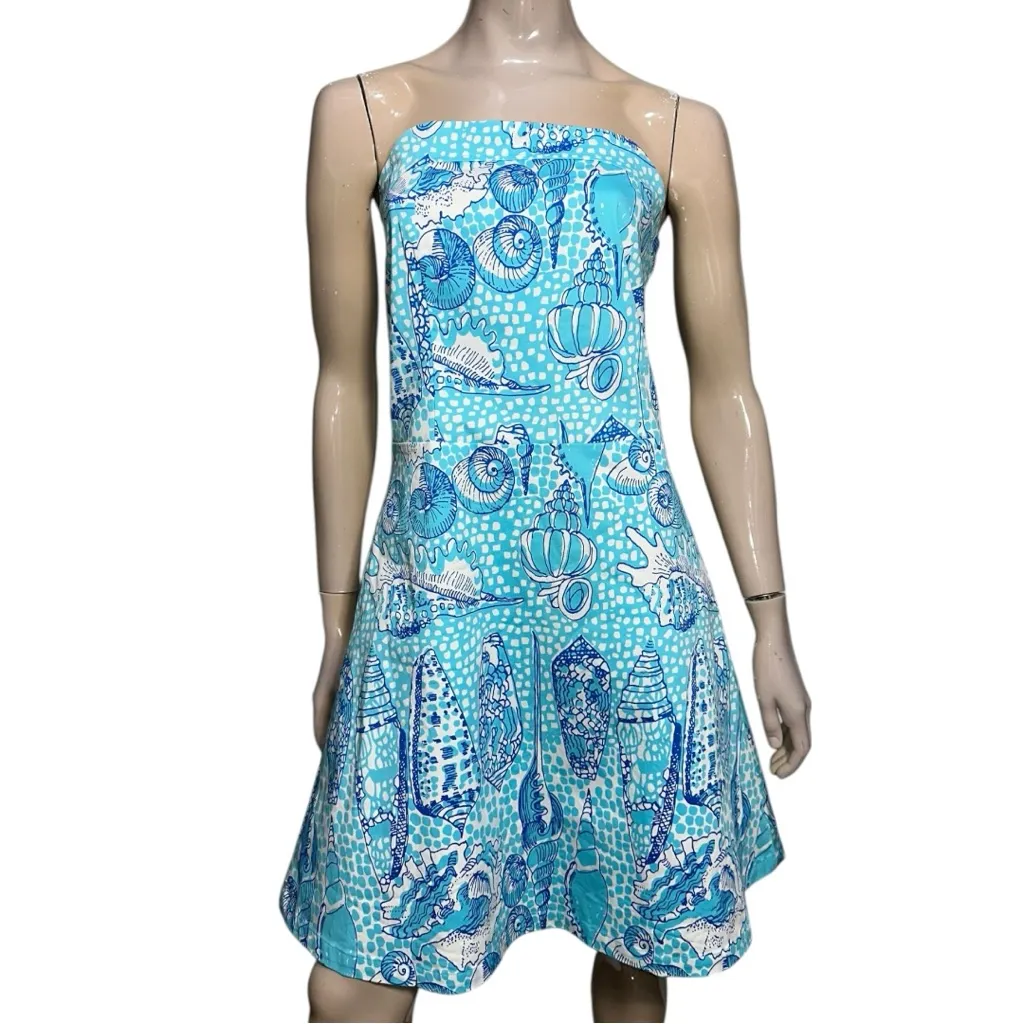 Key West NWT 8 Blue Turquoise White Shell Mosaic Tropical Lucky Strapless Dress - Image 2