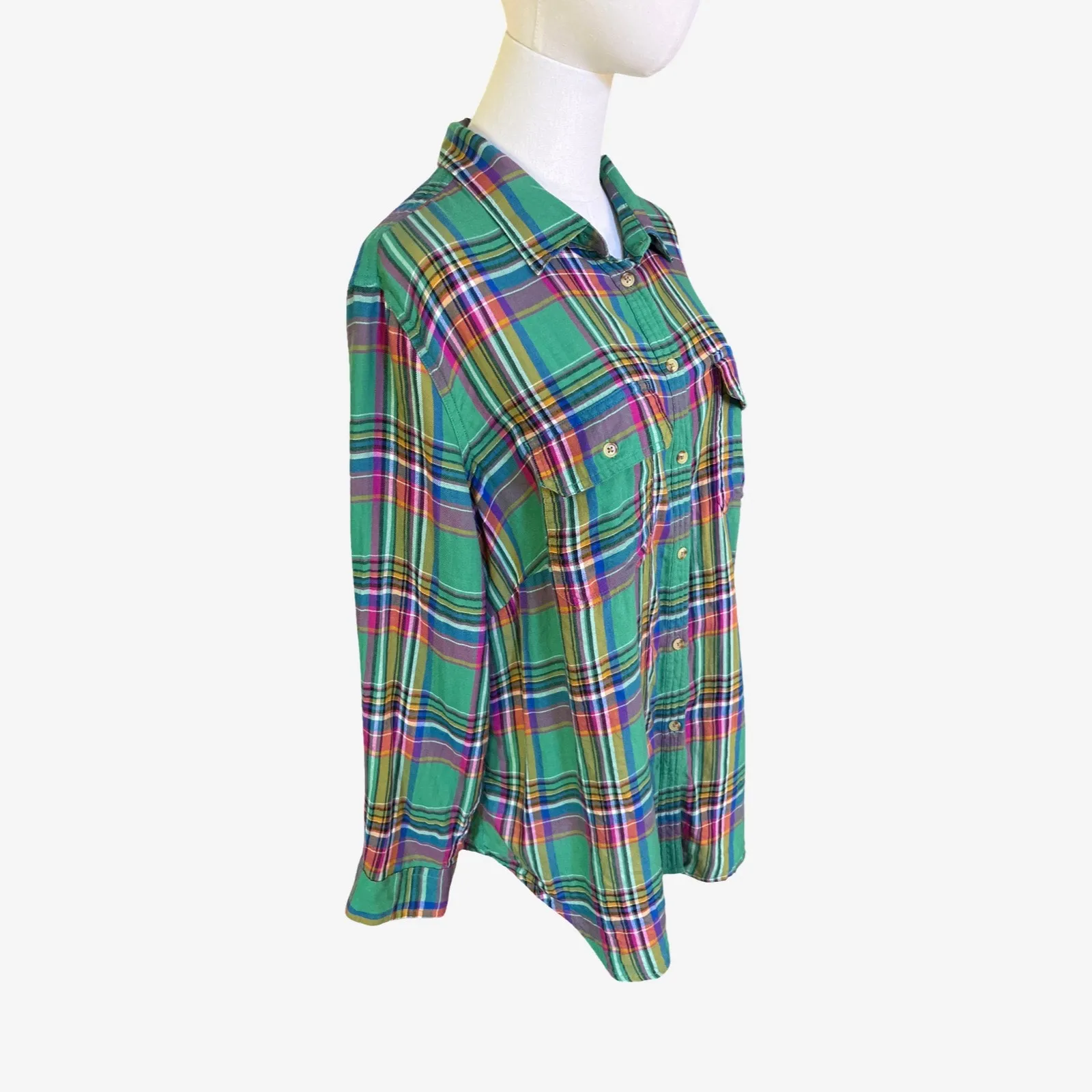 Chaps Denim 100% Cotton Green Plaid Button Down Shirt Women’s 1X - Image 3