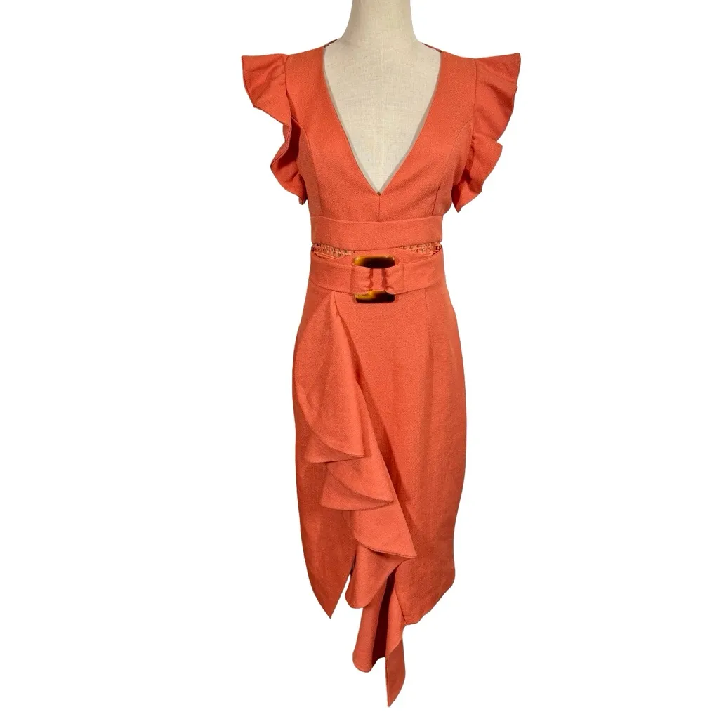 PatBO Belted Ruffle Asymmetrical Midi Dress PLEASE READ Orange Size 6 - Image 6