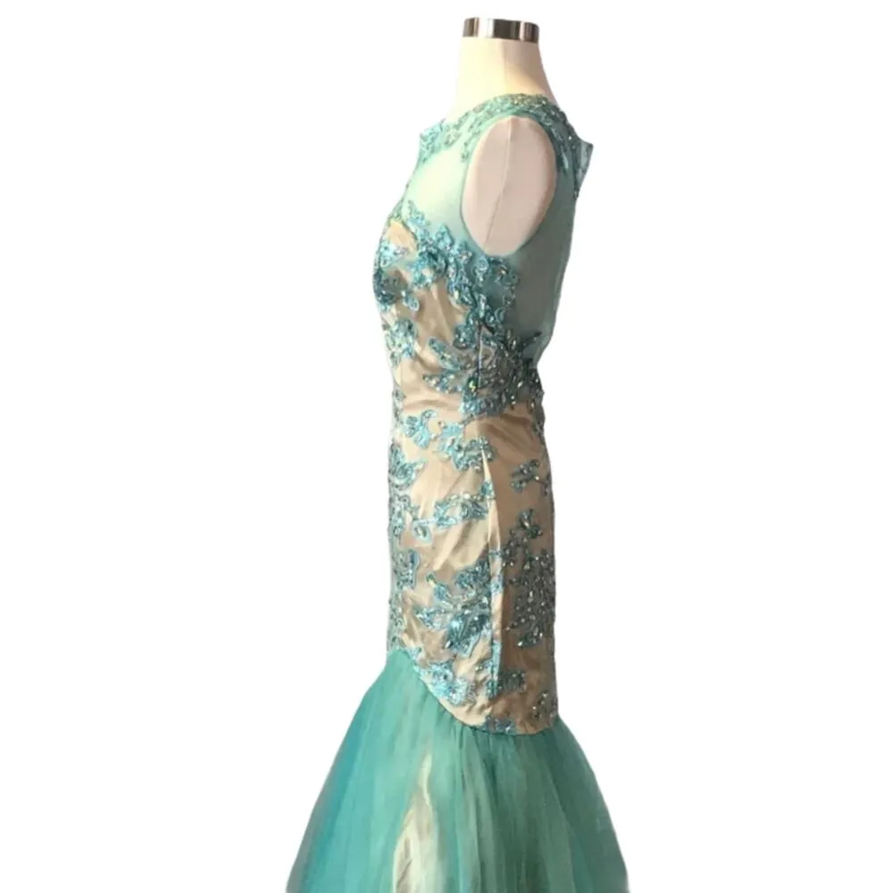 FORMAL GOWN Mermaid Embellished Aqua/Nude Tulle Skirt Ilusion Mesh Beaded Neck Size M - Image 7