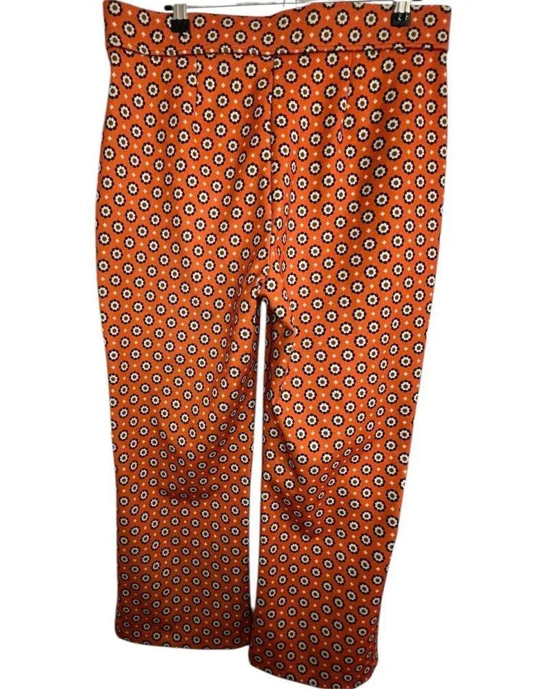 JNY Orange Funky 70s Style Floral Patterned Stretchy Flare Pants - Image 4