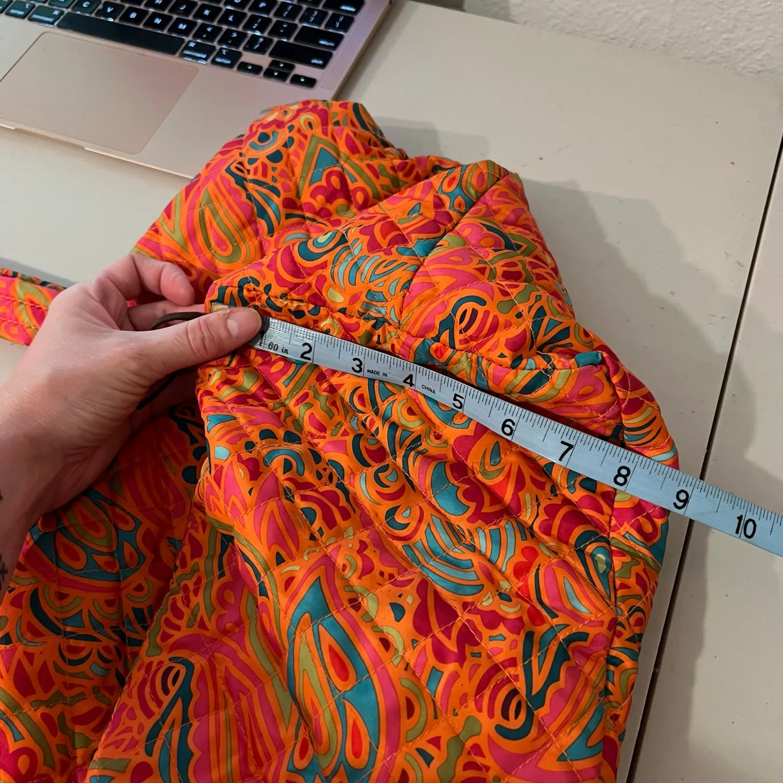 Orange Multi Colored Quilted Floral Printed Nylon Double Handle Zipper Tote Bag - Image 13